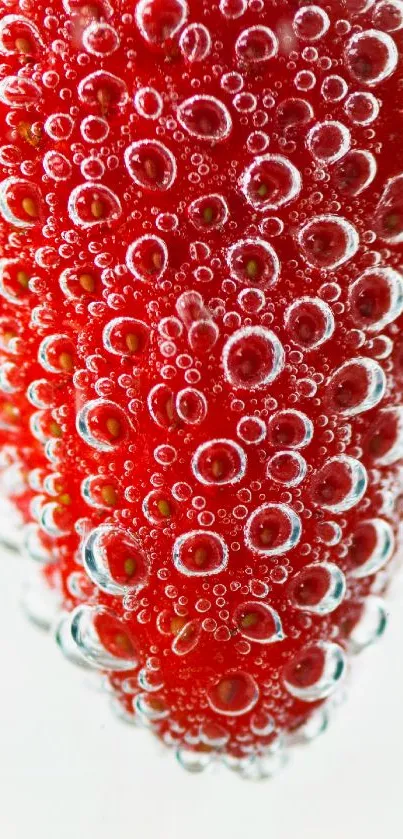 Close-up of a red strawberry with bubbles on a vibrant background.