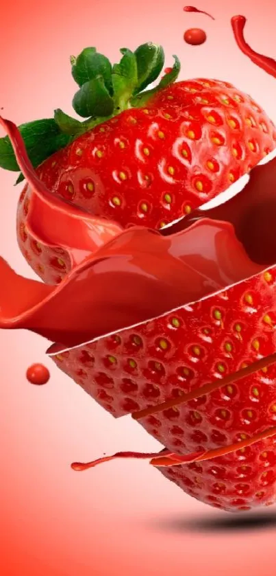 Sliced strawberry with vibrant red splash on phone wallpaper.