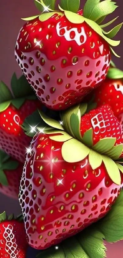 Vibrant red strawberries with green leaves wallpaper.