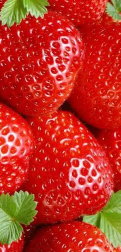 Close-up of fresh, juicy red strawberries with green leaves.