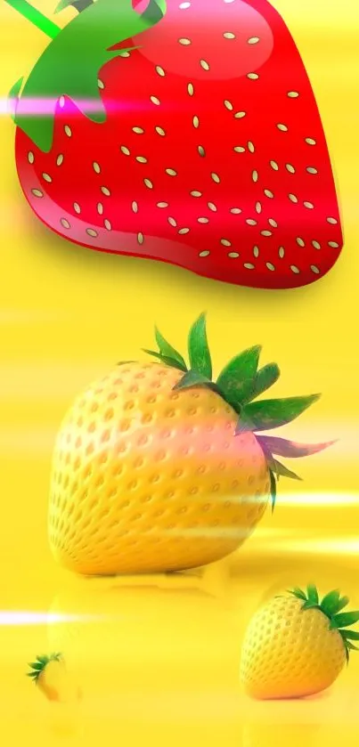 Bright yellow wallpaper with vibrant red and yellow strawberries.