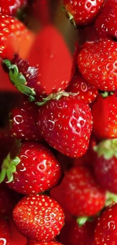 Close-up of vibrant red strawberries with green leaves.