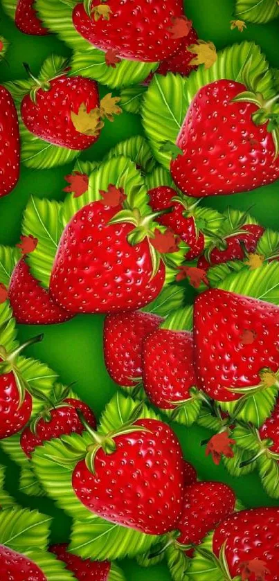 Vibrant pattern of strawberries with green leaves on a mobile wallpaper.