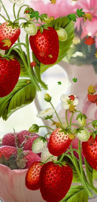 Colorful strawberries and flowers wallpaper art.