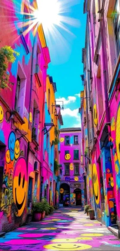 Vibrant alley with colorful graffiti and smiley faces under a bright blue sky.