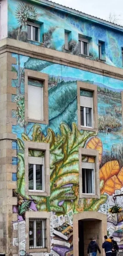 Vibrant street art mural on building facade.