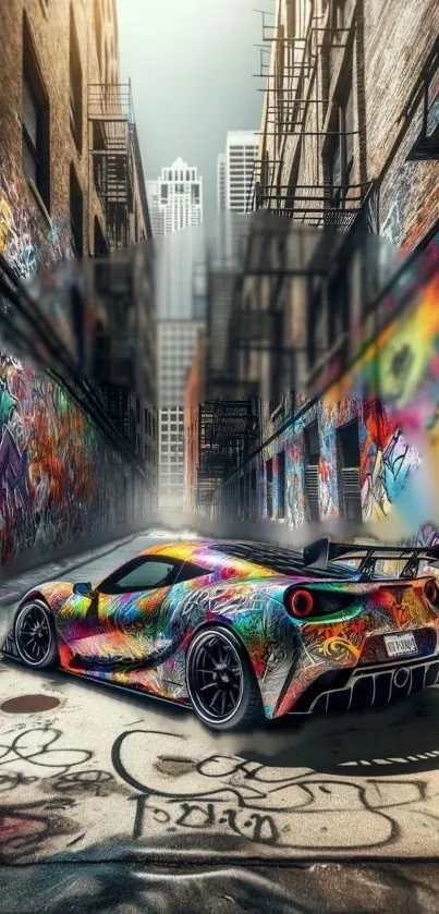 Colorful graffiti car in urban alley with vibrant street art.