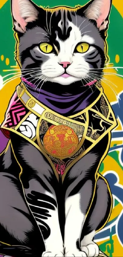 Vibrant graffiti-style cat with colorful background and street art elements.