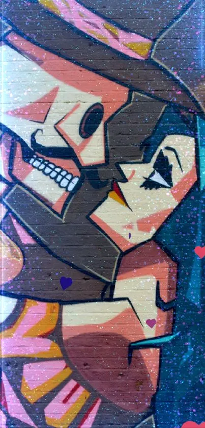 Vibrant street art with dancing skeleton couple and colorful design.