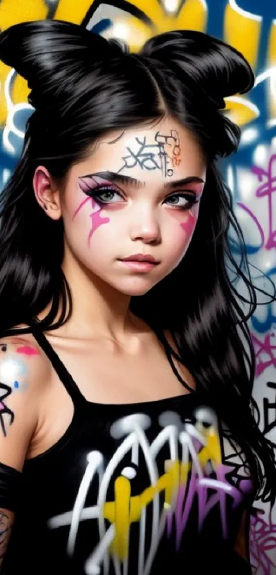 Trendy girl with graffiti art background.