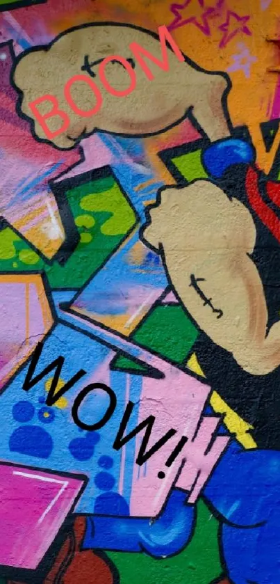 Vibrant cartoon character in colorful street art graffiti on a green background.