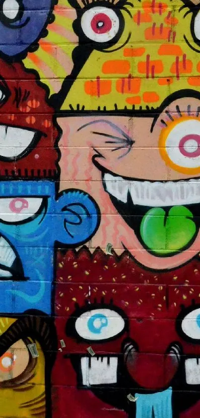 Vibrant graffiti art with colorful monster faces on a wall.