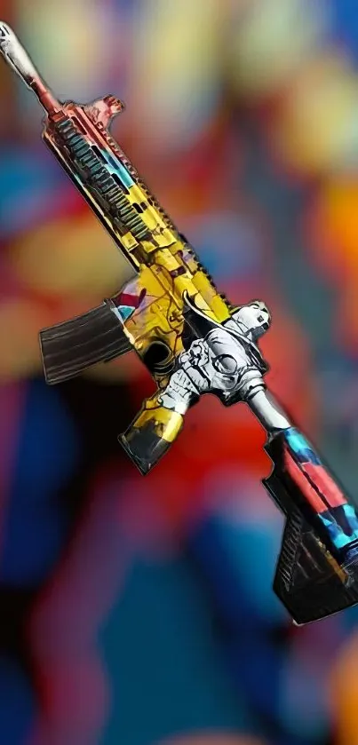 Vibrantly colored rifle with graffiti art style on a phone wallpaper.