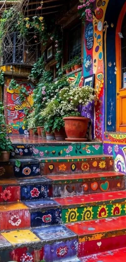 Colorful steps with vibrant street art and plants.