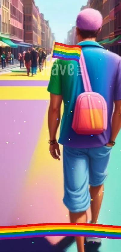 Man walking down a vibrant, colorful city street with a pink backpack.