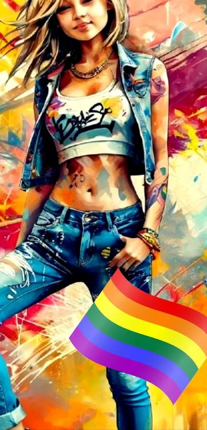 Stylish girl with graffiti art background on mobile wallpaper.