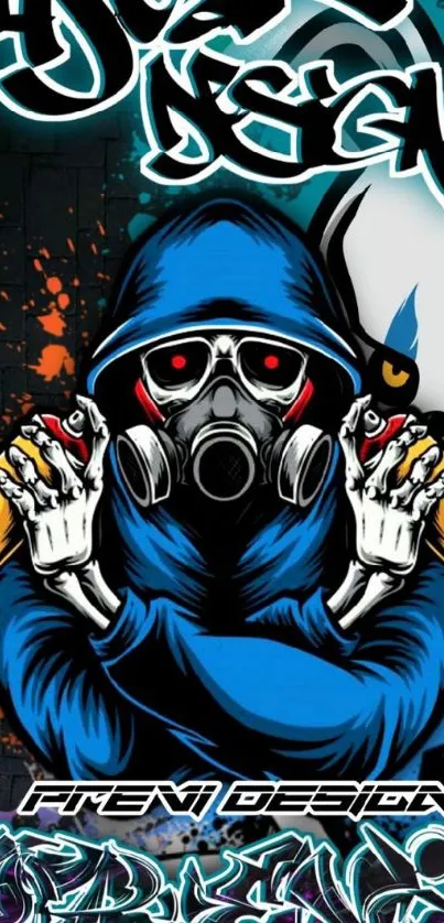 Graffiti art wallpaper featuring a masked figure with spray cans in vibrant blue.