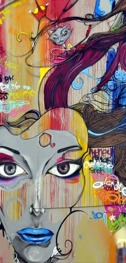 Colorful street art wallpaper with abstract and graffiti elements.