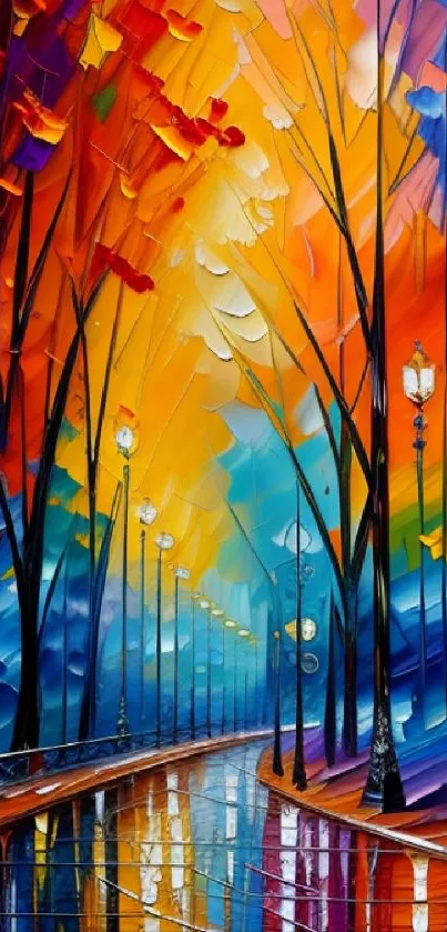 Vibrant abstract street scene wallpaper with colorful trees and streetlamps.