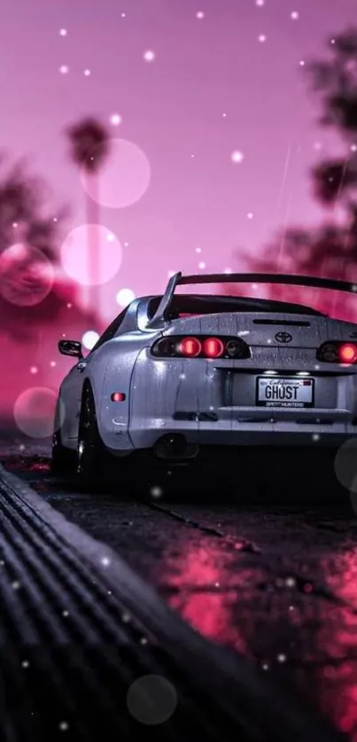 Sleek car on a vibrant magenta street at dusk.