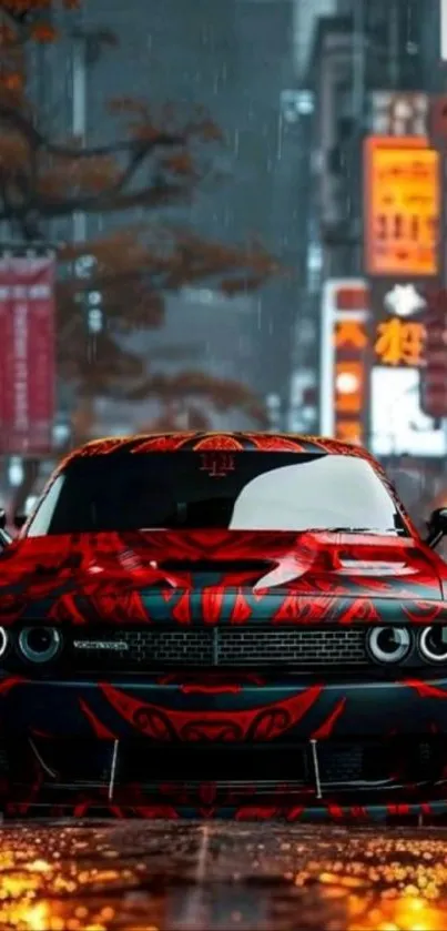 Red car parked on a rainy street at night.