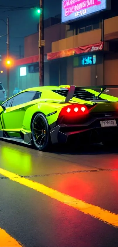 Neon green sports car on city street at night.