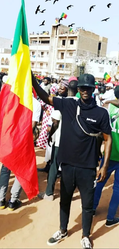 Dynamic street celebration with vibrant flags.