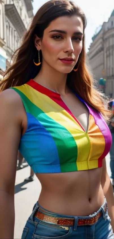 Woman in vibrant rainbow top on a bustling city street.