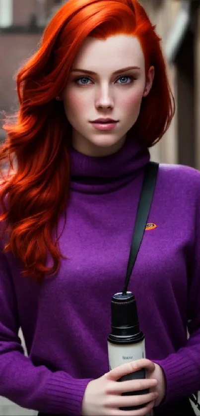 Woman with red hair in a purple sweater on a city street.