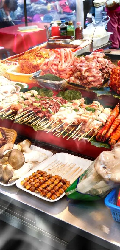 Vibrant street food stall with colorful dishes and variety.