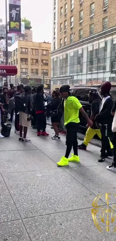 Dynamic urban street scene with vibrant neon attire.