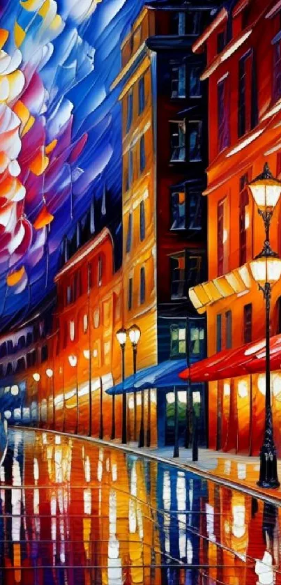 Colorful urban street at night with bright lights and reflections.