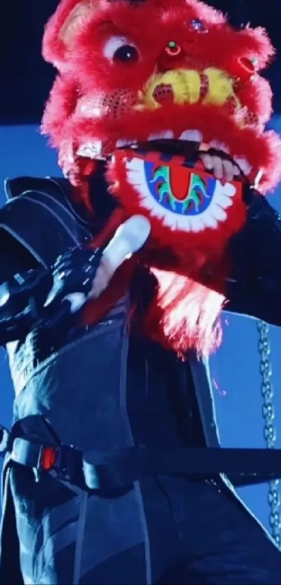 Street performer with vibrant red costume against a city backdrop.