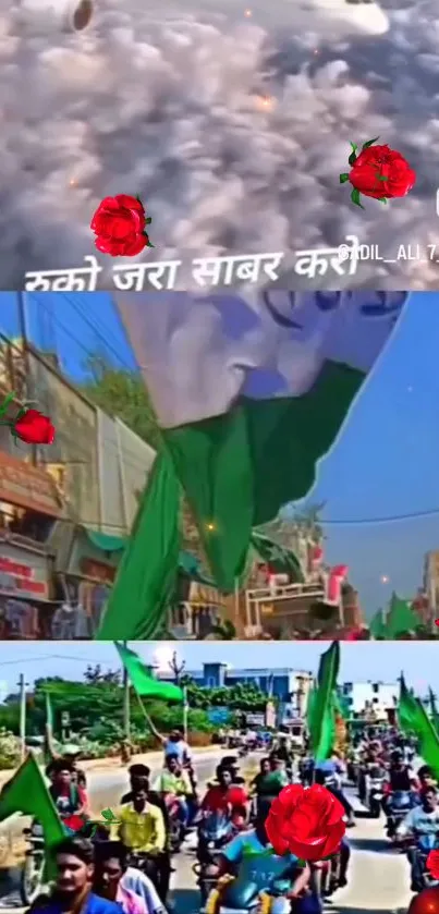 Vibrant street procession with flags and crowd.