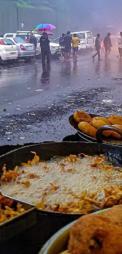 Fried snacks on rainy street with cars and umbrellas.