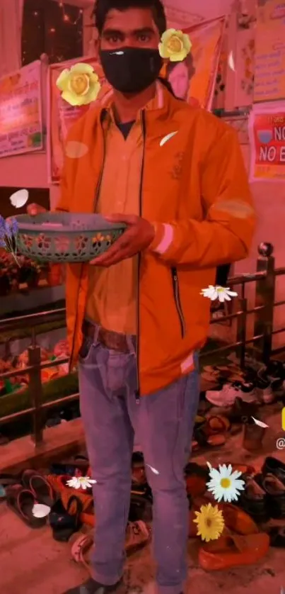 Man in orange jacket holding a bowl with signs and flowers around him.