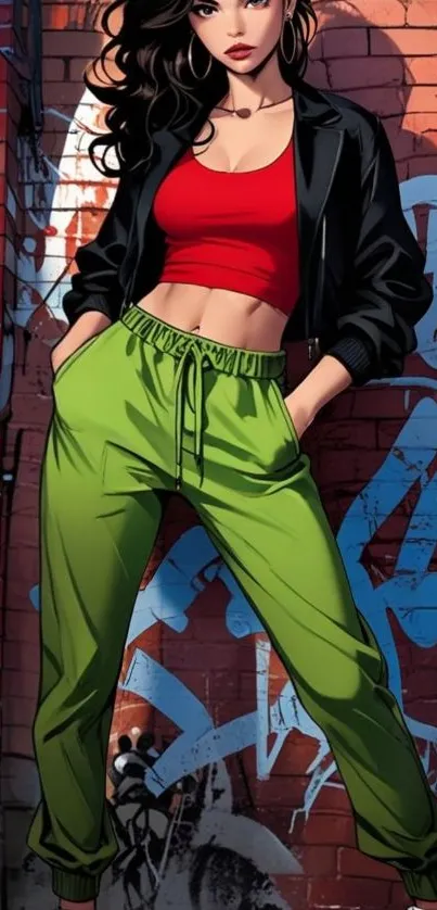 Stylish character in urban graffiti scene on brick wall.