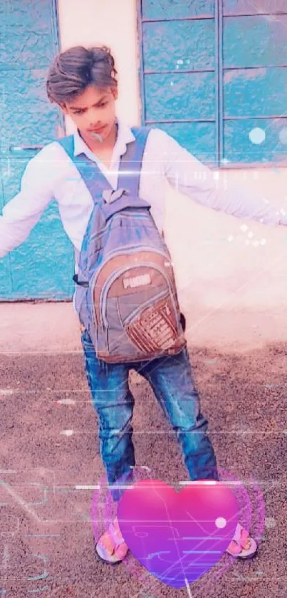 Young man posing in street style with a vibrant heart accent.