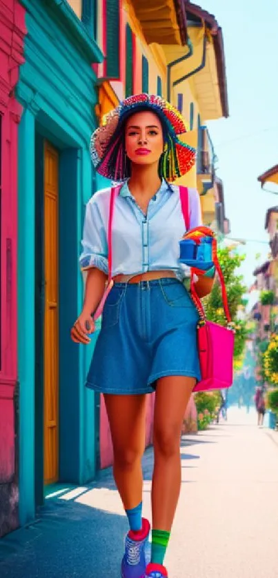 Woman in vibrant street with colorful buildings and fashion style.