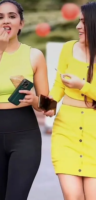 Two stylish women holding phones in a vibrant outdoor setting.