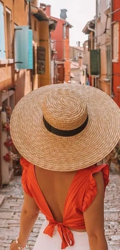 Woman in stylish outfit on a European street with colorful buildings.