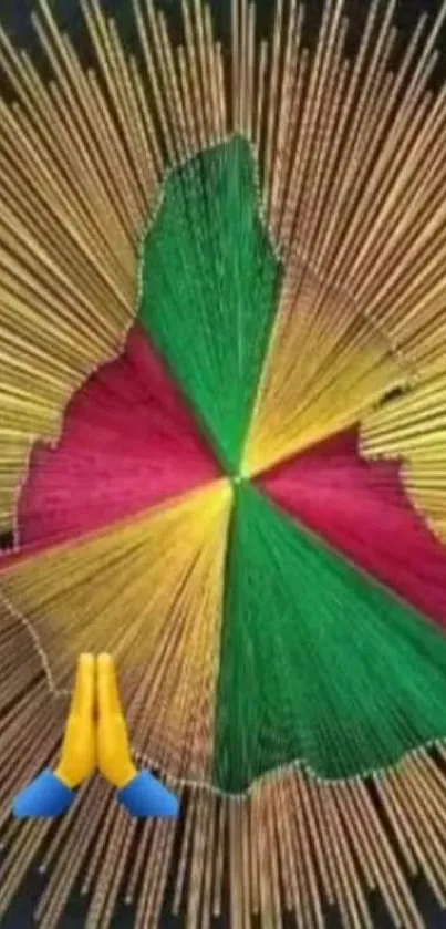 Vibrant string art design in green, red, and yellow with a cultural theme.