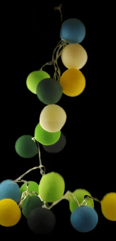 Colorful string lights on a black background, creating a vibrant mobile wallpaper.