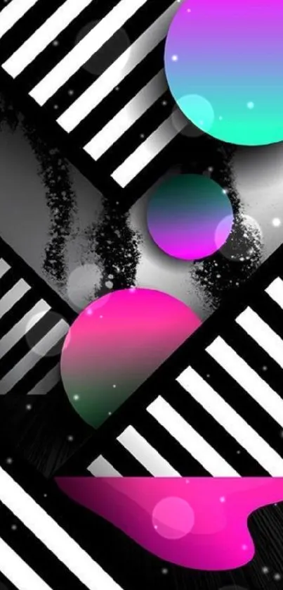 Vibrant abstract wallpaper with colorful spheres and stripes.