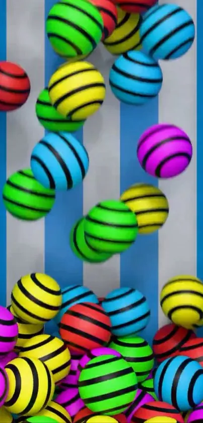 Colorful striped balls bouncing vividly.