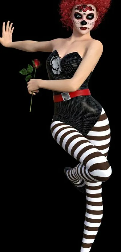 Illustration of a character in a striped outfit with face paint on a black background.