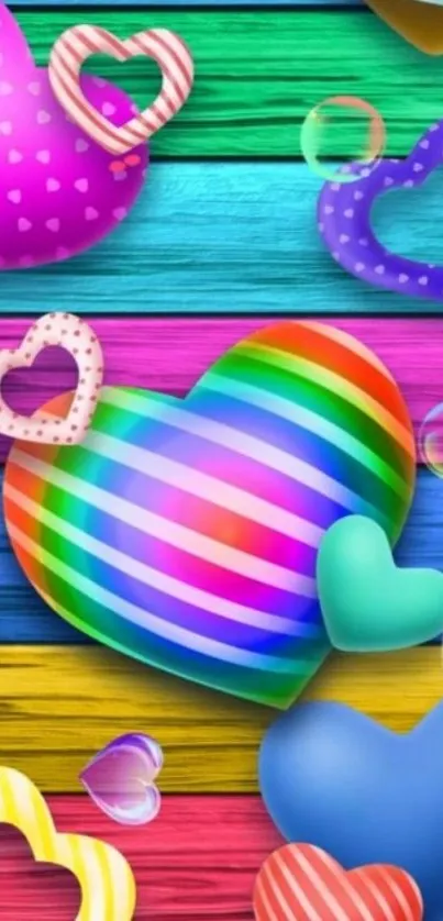 Colorful striped hearts with bubbles and vibrant hues on a mobile wallpaper.