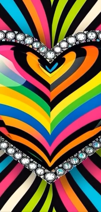 Colorful striped heart with diamond border design.
