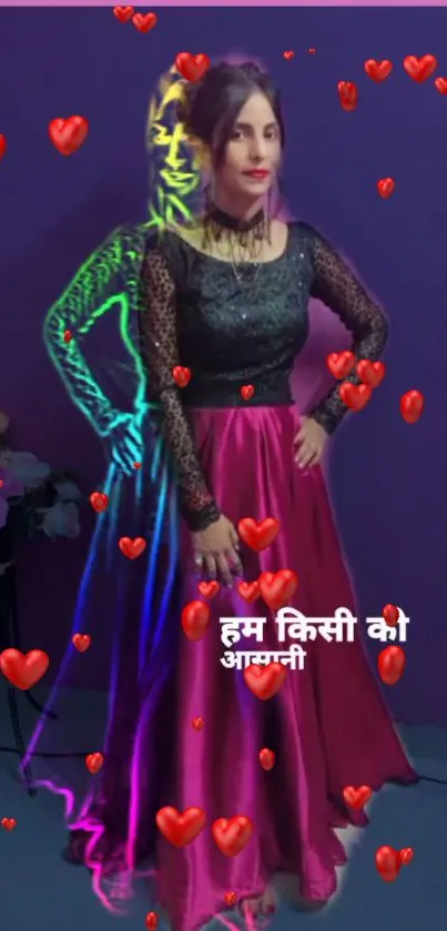 Stylish woman with vibrant dress and hearts on purple background.