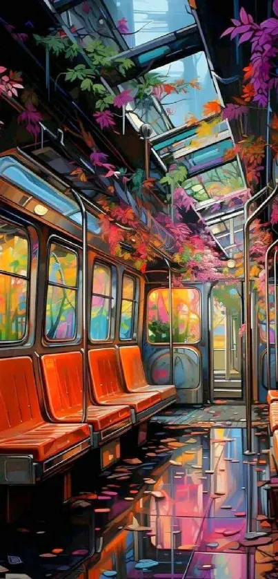 Vibrant subway interior with colorful foliage.